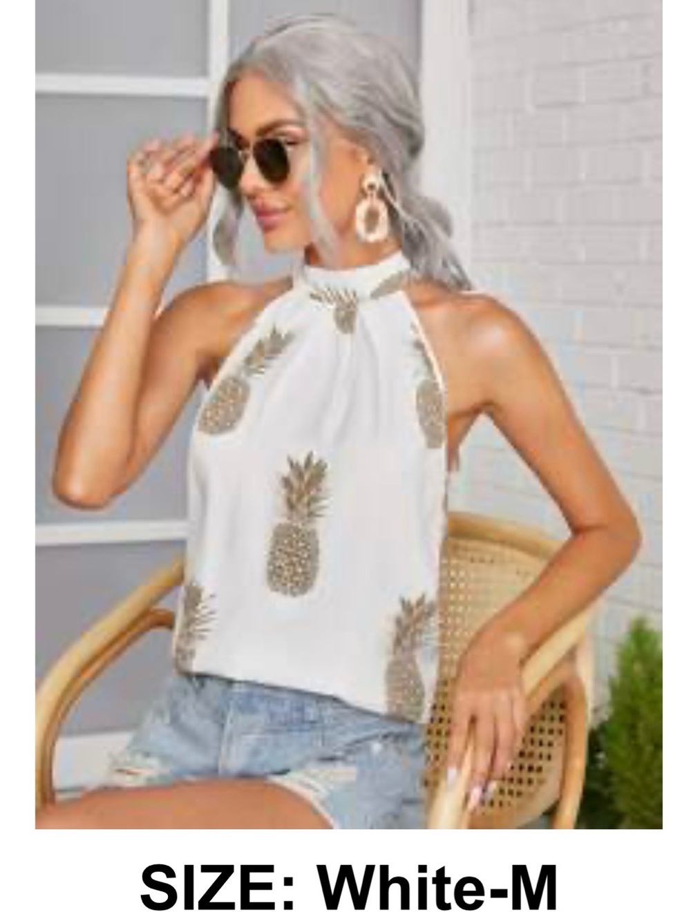 White Pineapple Halter Tank Top - Women